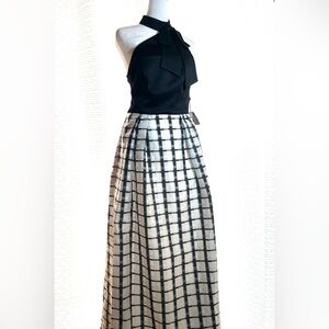 Adrianna Pappell Elegant Black and White Halter Formal Dress with Checked Skirt